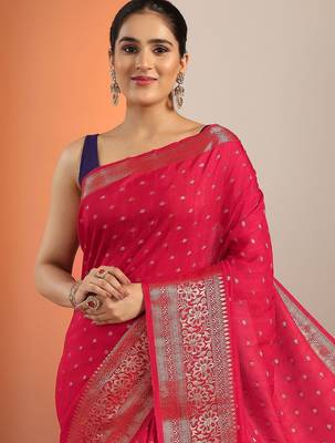 red woven design saree with unstitched blouse piece 5