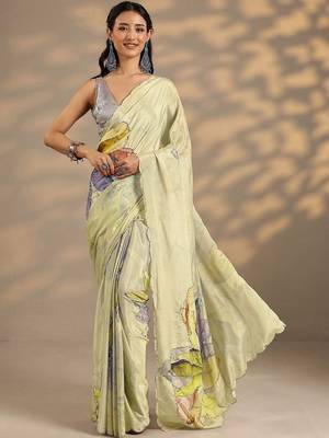 lime green printed saree with unstitched blouse piece 1