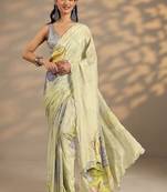 lime green printed saree with unstitched blouse piece