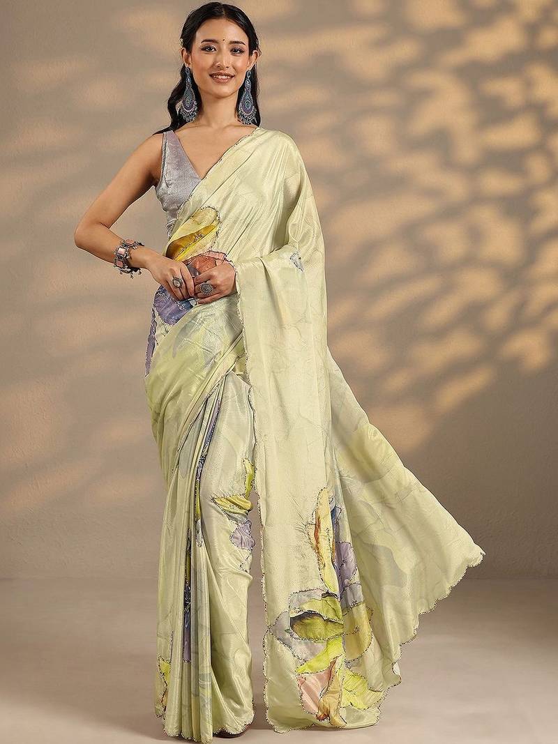 lime green printed saree with unstitched blouse piece