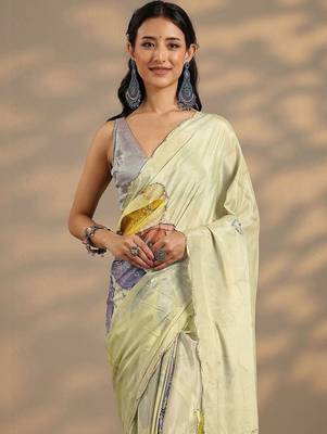 lime green printed saree with unstitched blouse piece 2
