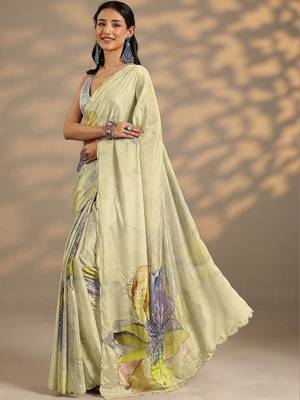 lime green printed saree with unstitched blouse piece 3
