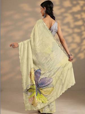 lime green printed saree with unstitched blouse piece 4
