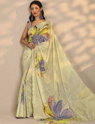 lime green printed saree with unstitched blouse piece 5