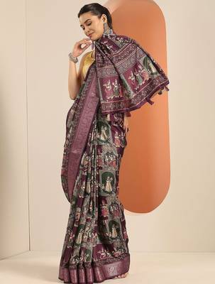 burgundy kalamkari printed silk blend saree with unstitched blouse piece 1