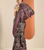 burgundy kalamkari printed silk blend saree with unstitched blouse piece
