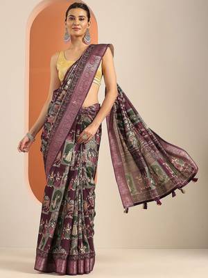 burgundy kalamkari printed silk blend saree with unstitched blouse piece 2