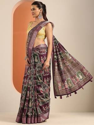 burgundy kalamkari printed silk blend saree with unstitched blouse piece 3