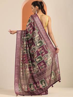 burgundy kalamkari printed silk blend saree with unstitched blouse piece 4