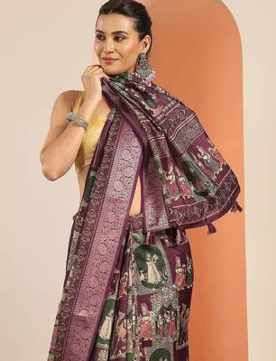 burgundy kalamkari printed silk blend saree with unstitched blouse piece 5