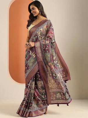 purple printed saree with unstitched blouse piece 1