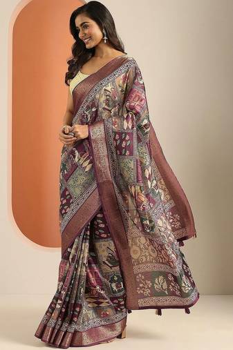 purple printed saree with unstitched blouse piece