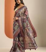purple printed saree with unstitched blouse piece