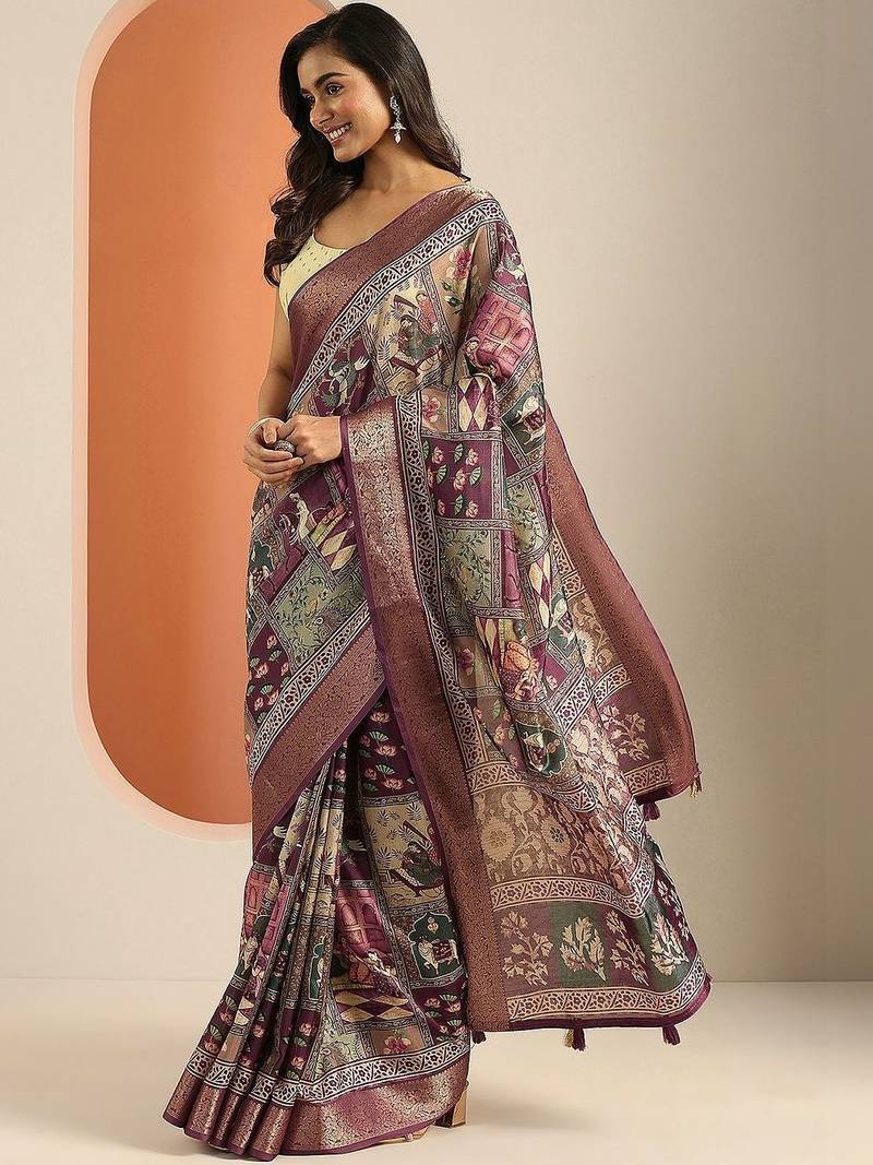 purple printed saree with unstitched blouse piece