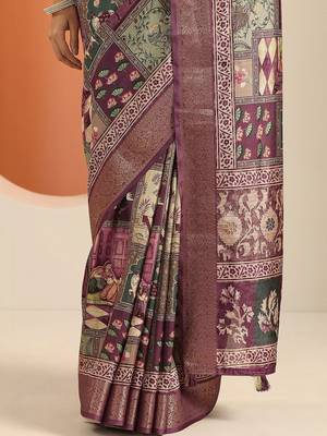 purple printed saree with unstitched blouse piece 2