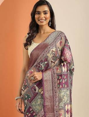 purple printed saree with unstitched blouse piece 3