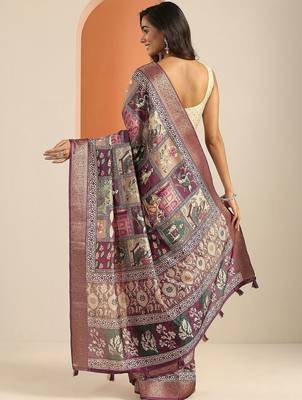 purple printed saree with unstitched blouse piece 5