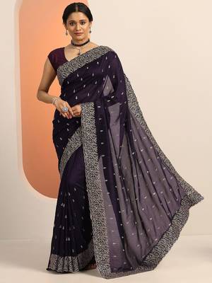 purple embroidered saree with unstitched blouse piece 1