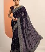purple embroidered saree with unstitched blouse piece