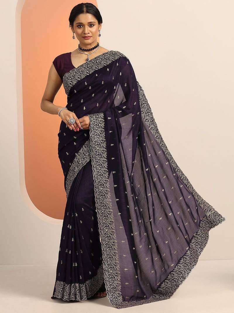 purple embroidered saree with unstitched blouse piece