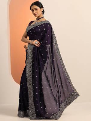 purple embroidered saree with unstitched blouse piece 2