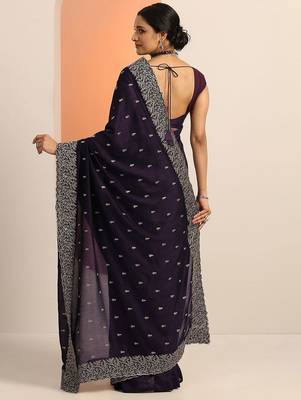 purple embroidered saree with unstitched blouse piece 3