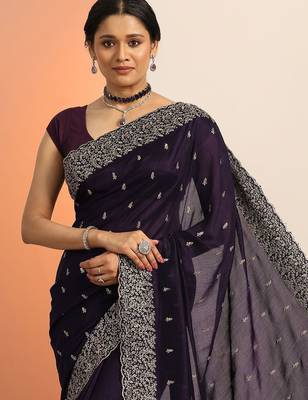 purple embroidered saree with unstitched blouse piece 4
