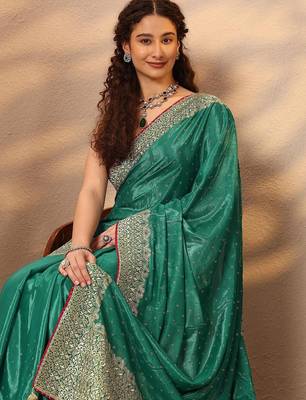 green embellished saree with unstitched blouse piece 1