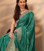 green embellished saree with unstitched blouse piece