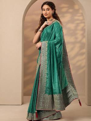 green embellished saree with unstitched blouse piece 2