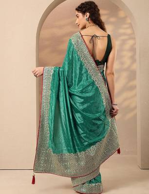 green embellished saree with unstitched blouse piece 3