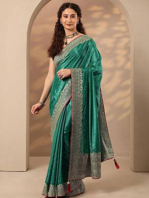 green embellished saree with unstitched blouse piece 4