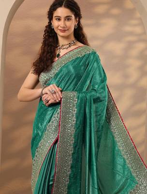 green embellished saree with unstitched blouse piece 5