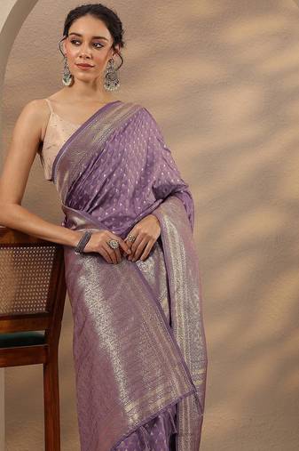 purple woven design saree with unstitched blouse piece