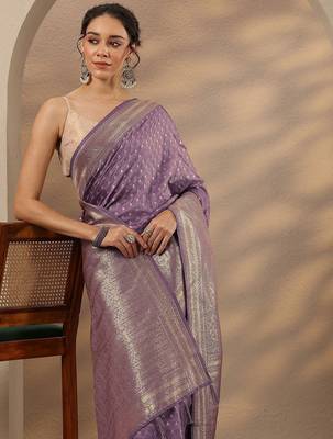 purple woven design saree with unstitched blouse piece 4