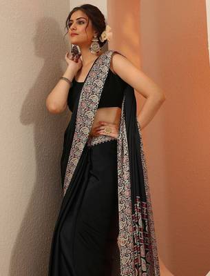 black solid satin saree with unstitched blouse piece 1