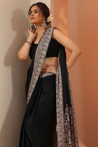 black solid satin saree with unstitched blouse piece