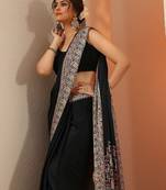 black solid satin saree with unstitched blouse piece