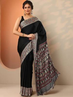 black solid satin saree with unstitched blouse piece 3