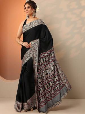 black solid satin saree with unstitched blouse piece 4