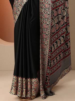 black solid satin saree with unstitched blouse piece 5