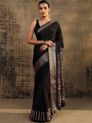 black solid saree with unstitched blouse piece 1