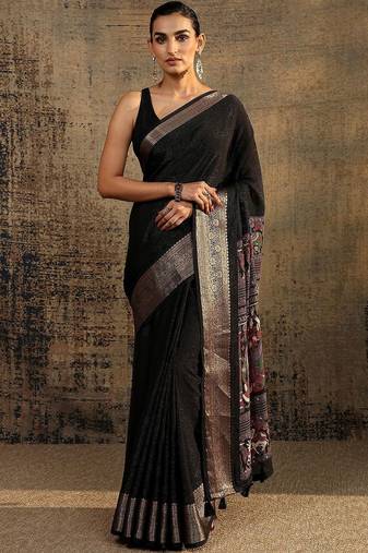 black solid saree with unstitched blouse piece