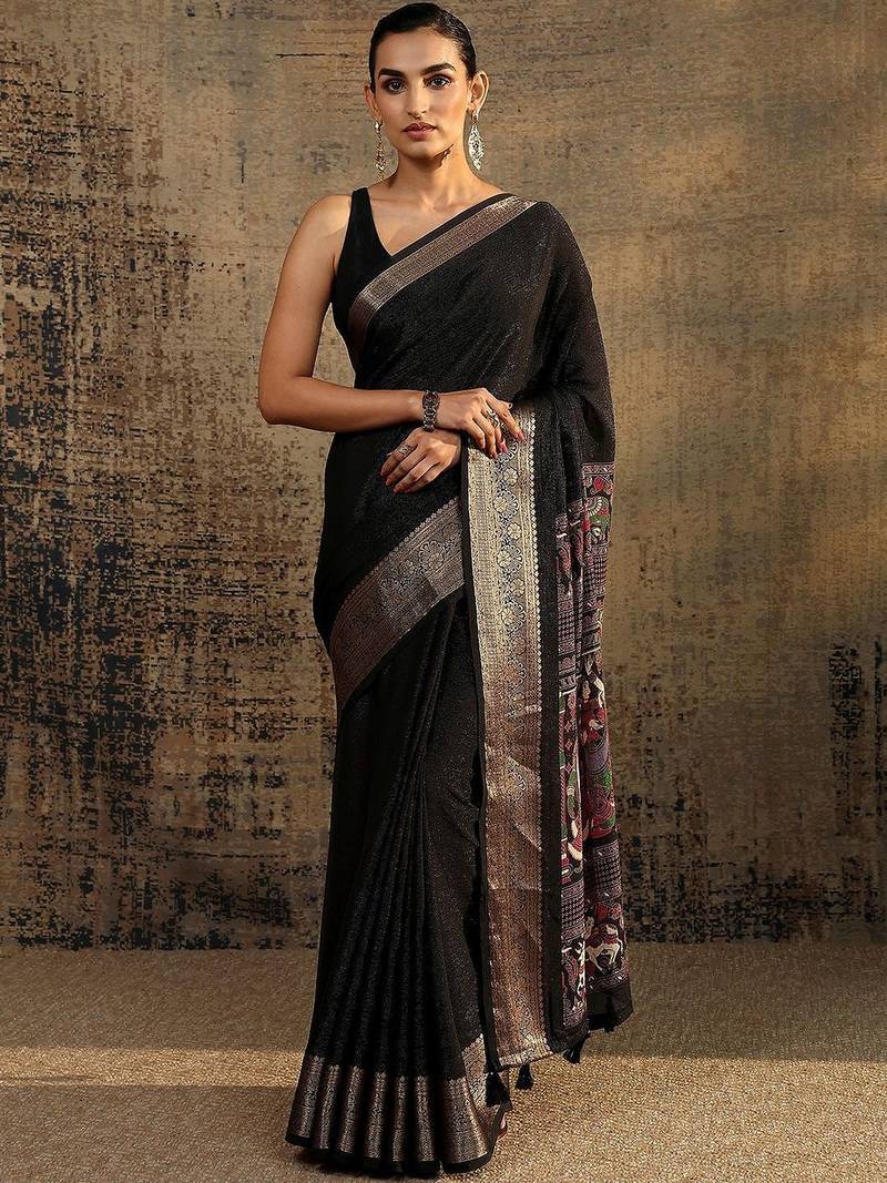 black solid saree with unstitched blouse piece