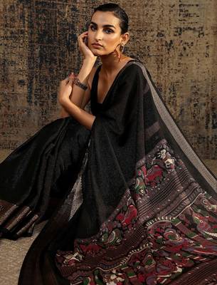 black solid saree with unstitched blouse piece 2