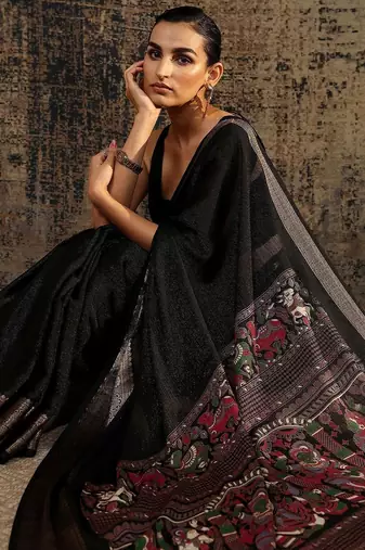 black solid saree with unstitched blouse piece