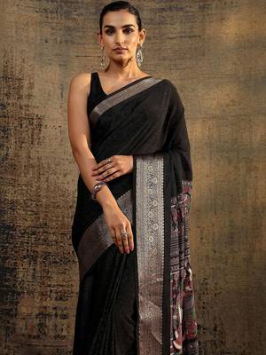 black solid saree with unstitched blouse piece 3