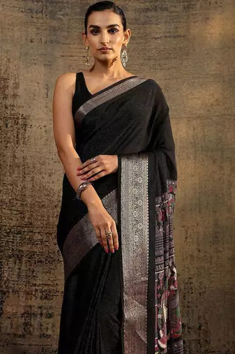 black solid saree with unstitched blouse piece
