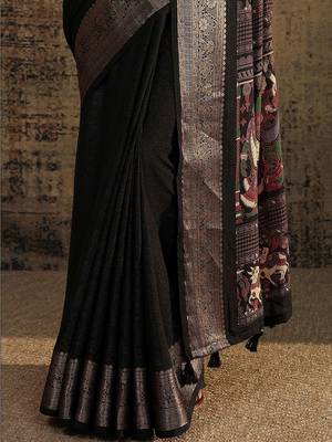 black solid saree with unstitched blouse piece 5