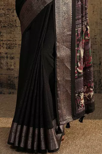black solid saree with unstitched blouse piece